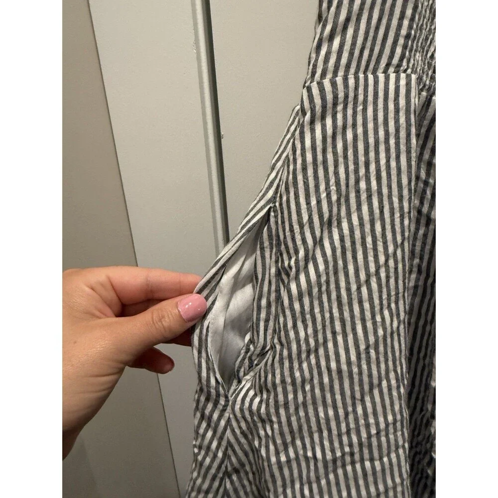 Gray & White Pinstripe Dress Size Medium Seersucker Ruffled Straps Ruched Back - Picture 6 of 9